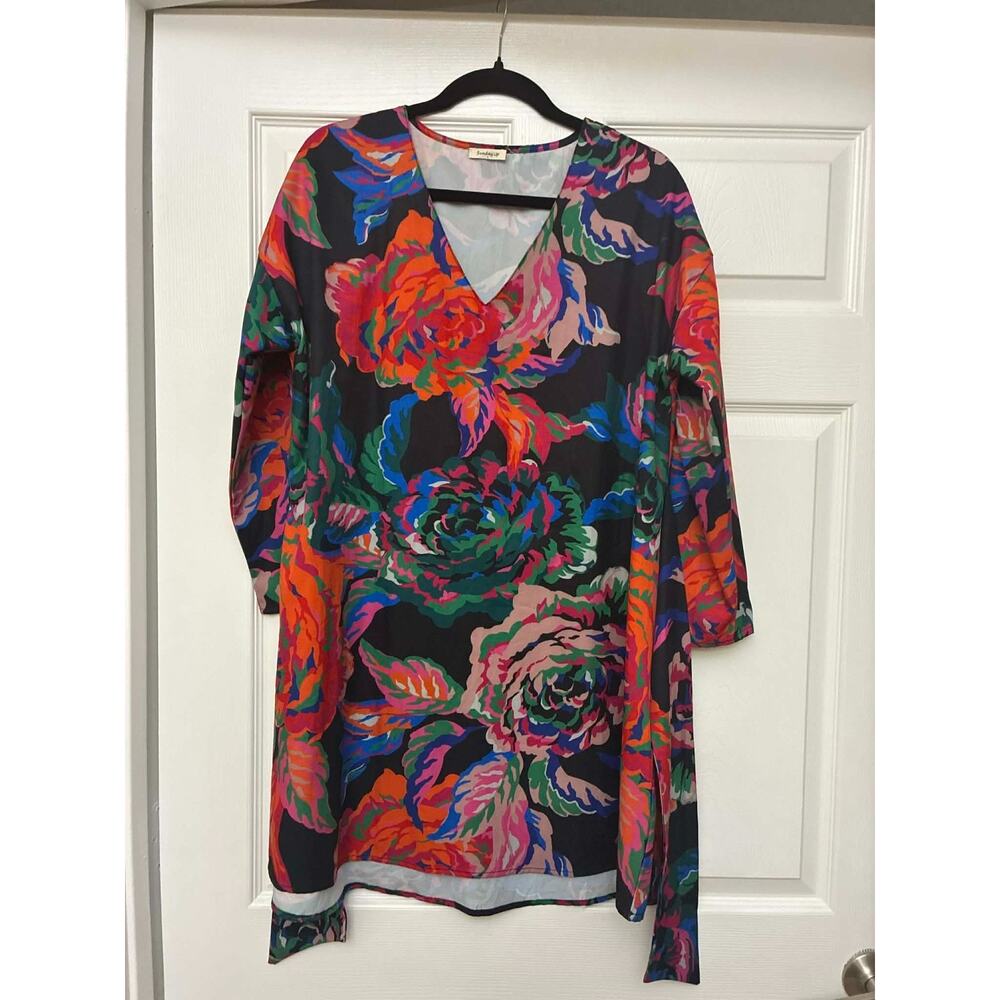 Sunday Up Floral Wrap Dress S‎ Black Multicolor Long Sleeve Tie Waist V-Neck
